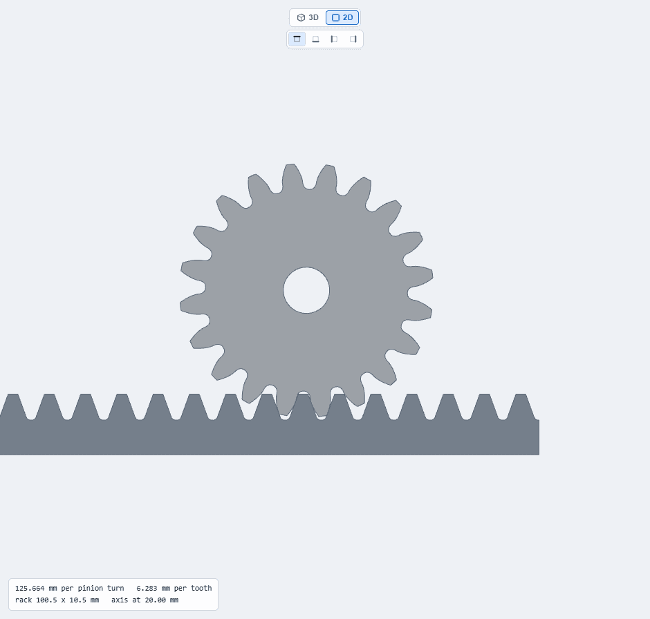 Real GearSuite 2D top view of a rack and pinion