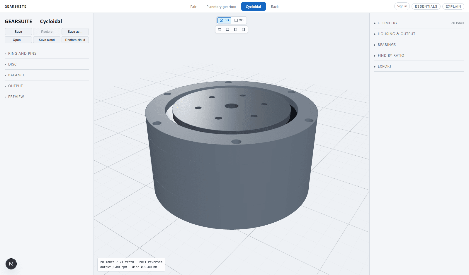 Real GearSuite workspace showing a cycloidal drive assembly in 3D