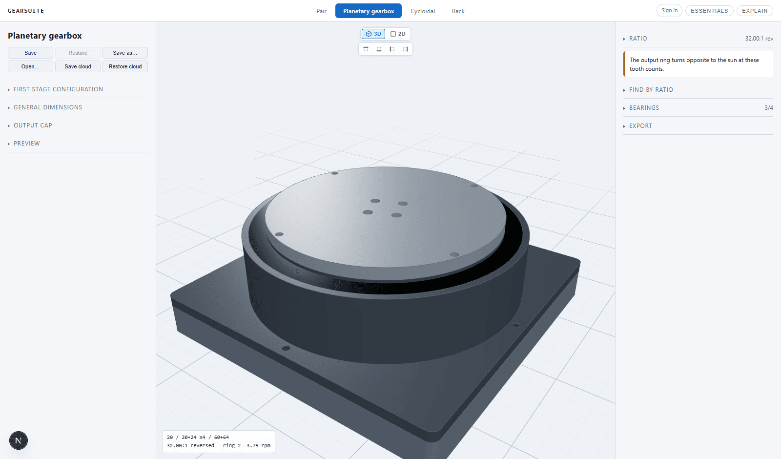 Real GearSuite workspace showing a planetary gearbox assembly in 3D